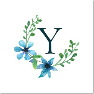 Floral Monogram Y Pretty Blue Flowers Posters and Art